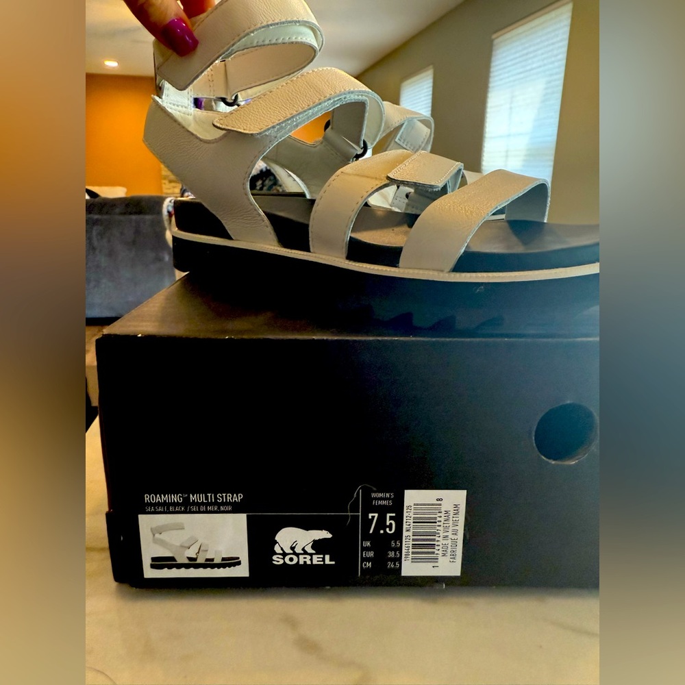 Sorel Cream and Black Multi Strap Sandals. New with box.